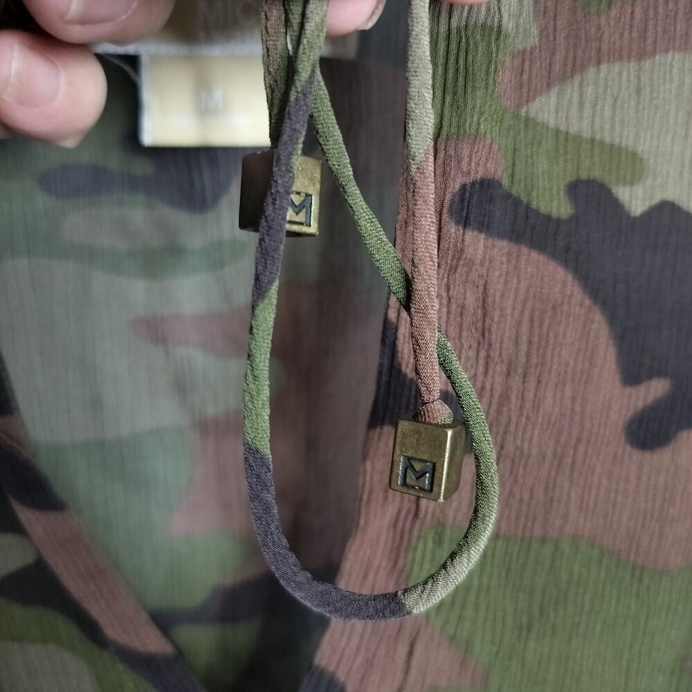 4994)Michael Kors Camouflage Silk Georgette semi Sheer Pullover Hooded Blouse M - Picture 8 of 11